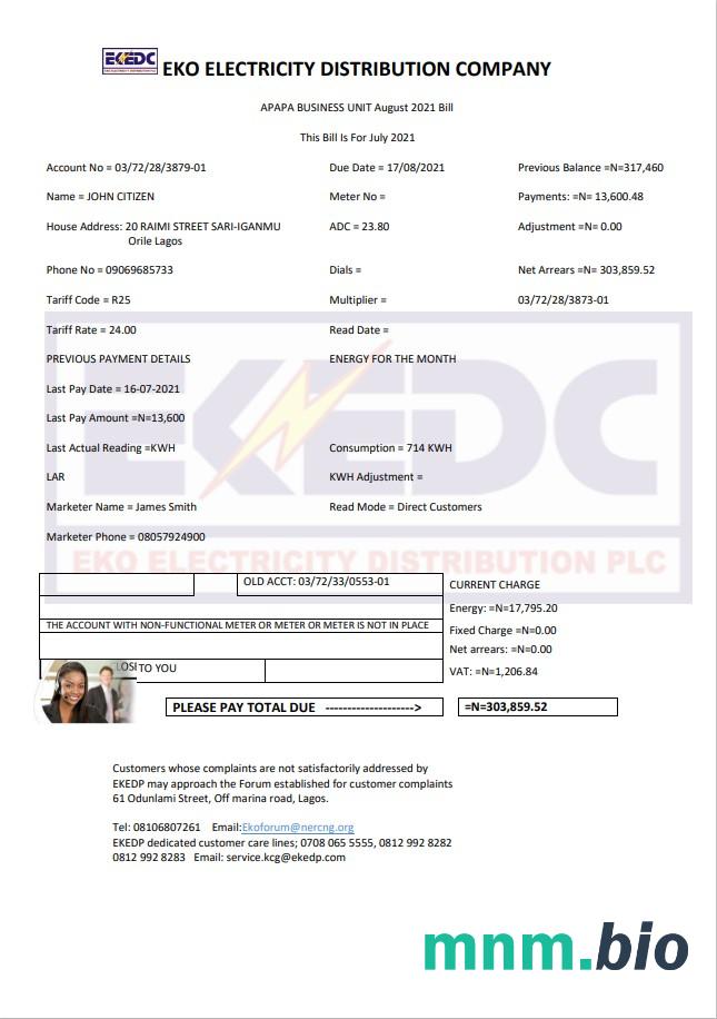 Nigeria Eko Electricity Distribution Firma (EKEDC) szablon rachunku za media w formacie Word i PDF